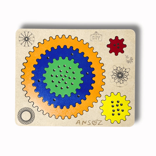 A wooden Ansoz DIY geometric puzzle board featuring colorful interlocking gear shapes in green, blue, orange, and yellow on a light wood background with engraved symbols.