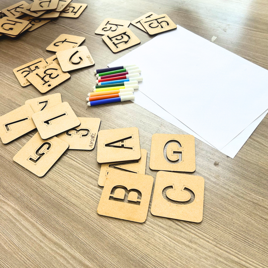 Children-friendly wooden alphabet stencil set for Hindi alphabets and English alphabets with alphabet learning activities.