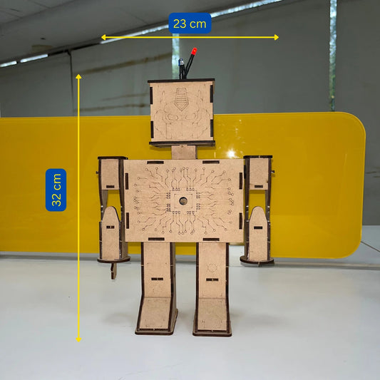 Small robot toy size 32x23 cm, red LED wooden kit.