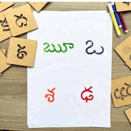 Colorful traced Telugu letters made using alphabet stencils