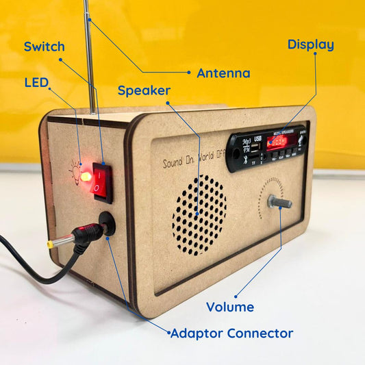 FM radio Bluetooth working model with speaker and antenna.