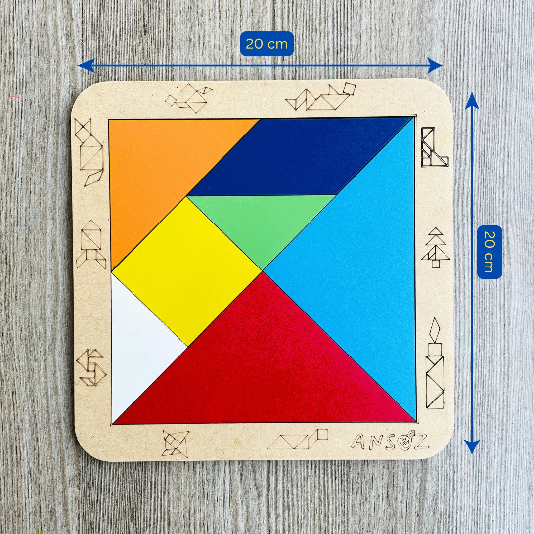 Colorful tangram puzzle on a wooden board with dimensions labeled.