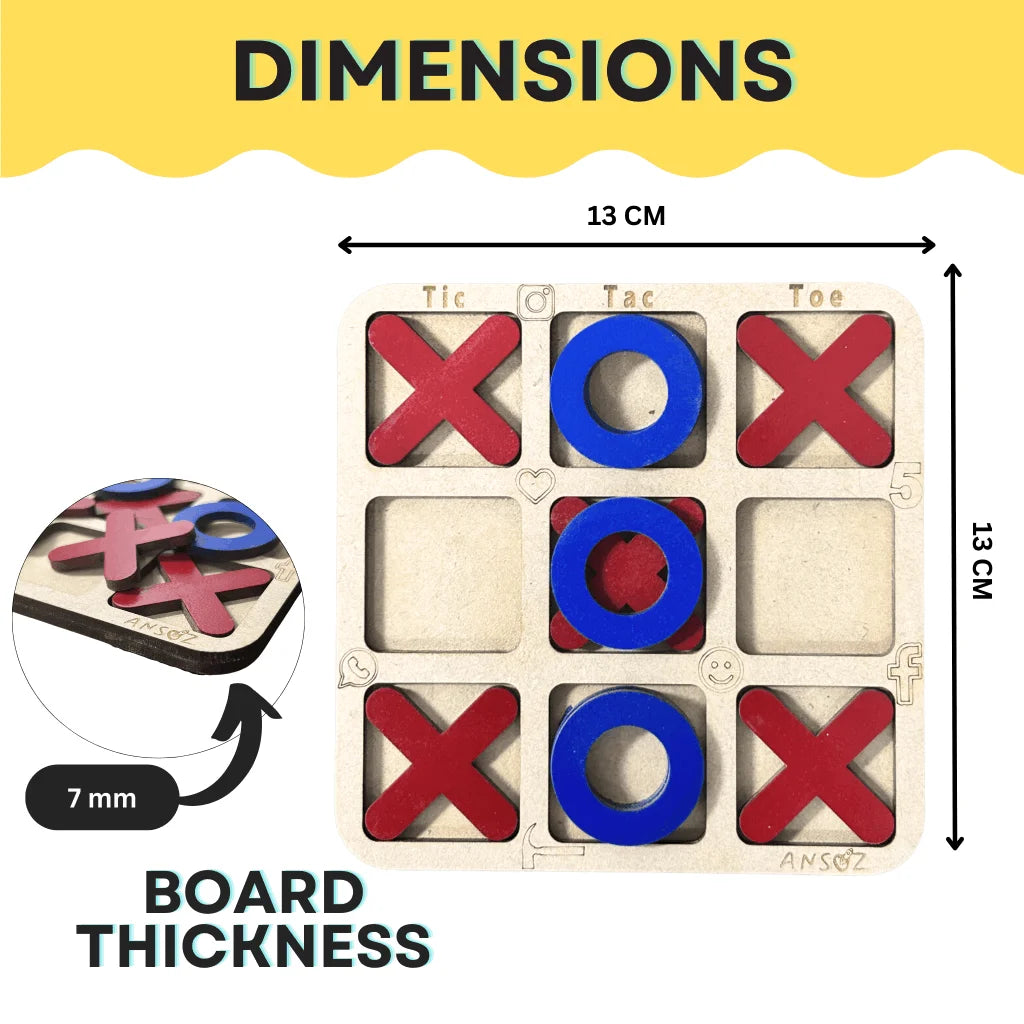 A product dimension diagram for a wooden tic-tac-toe game board. The image shows the board with red X and blue O pieces, labeled 13 cm by 13 cm in size, plus a callout indicating 7 mm board thickness.