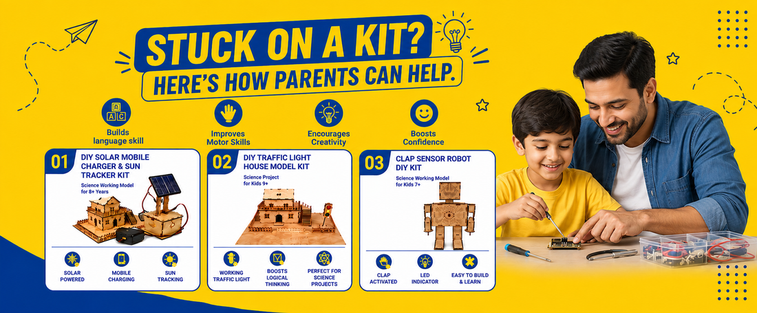 Parent helping a child assemble DIY STEM kits, including solar, traffic light, and clap sensor robot projects.