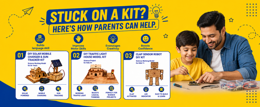Parent helping a child assemble DIY STEM kits, including solar, traffic light, and clap sensor robot projects.