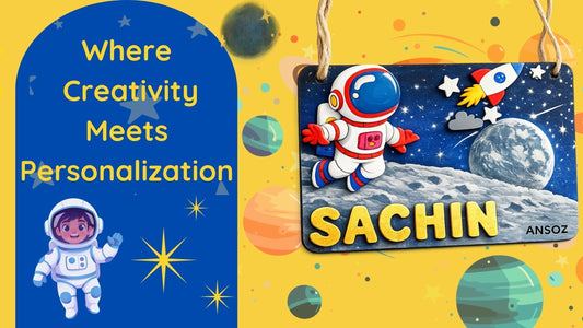 Space-themed personalized wooden nameplate for kids with 3D astronaut, rocket, and moon design featuring the name “Sachin”