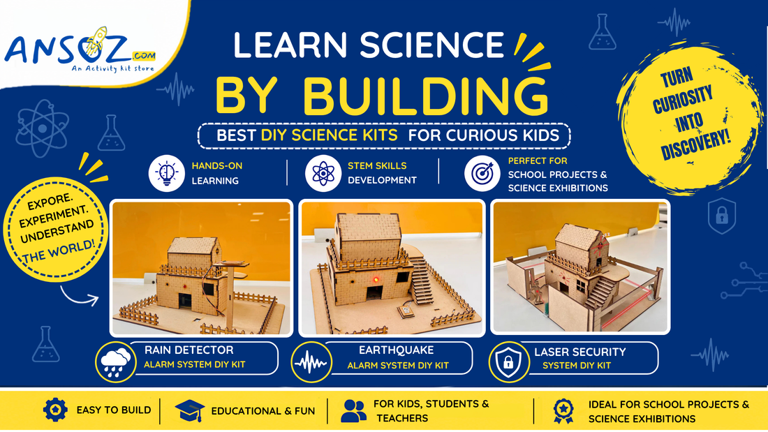 Discover the best DIY science kits for kids featuring Rain Detector, Earthquake Alarm, and Laser Security System projects for STEM learning and science exhibitions.
