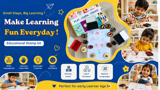 Colorful educational stamp kit poster for kids featuring children using alphabet and number wooden stamps for language learning, creativity, motor skill development, and early education activities.