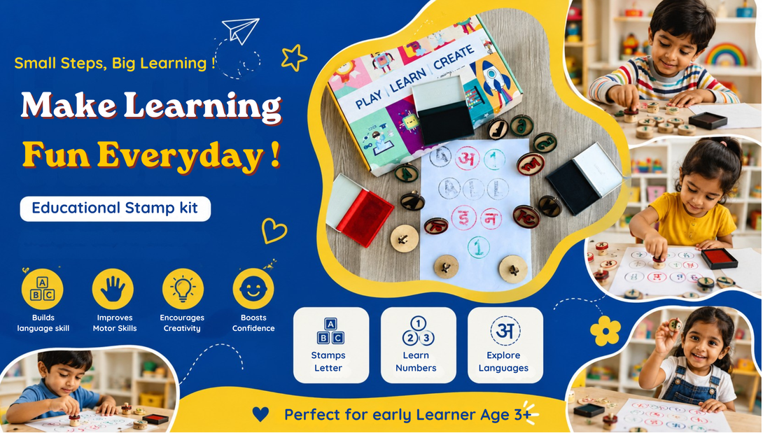 Colorful educational stamp kit poster for kids featuring children using alphabet and number wooden stamps for language learning, creativity, motor skill development, and early education activities.