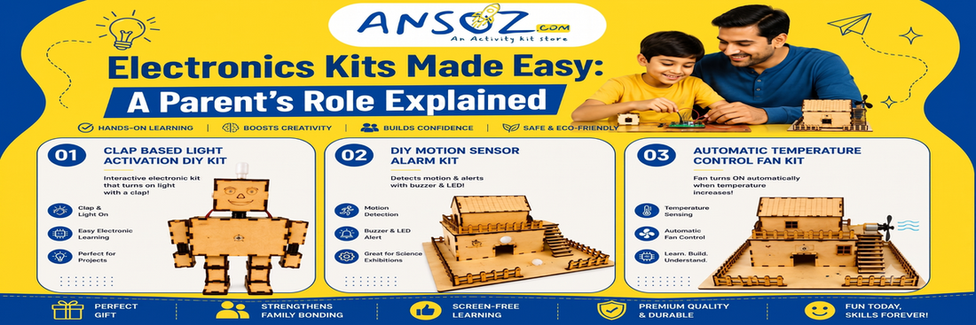 Parent and child exploring DIY electronics kits, including a clap light, motion sensor alarm, and automatic temperature control fan.