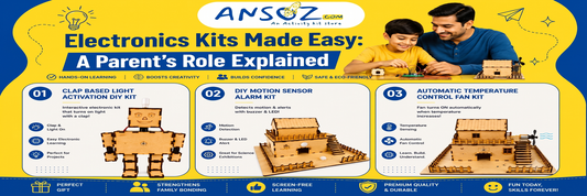 Parent and child exploring DIY electronics kits, including a clap light, motion sensor alarm, and automatic temperature control fan.