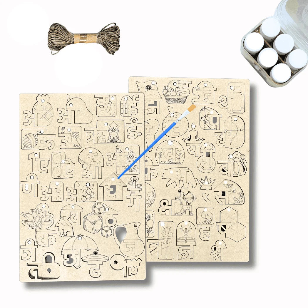 A DIY wooden puzzle carving kit shown on a white background, including two unfinished wooden boards with engraved animal and object outlines, a bundle of twine, a small paintbrush, and a container of white paint.