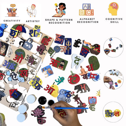 A collage-style product presentation of a children's educational craft kit on a white background. The kit includes colorful alphabet and shape-and-pattern recognition pieces, wooden boards, small cups, and a hand holding a blue paintbrush, with text labels at the top describing cognitive skills such as creativity, artistry, shape & pattern recognition, alphabet recognition, and cognitive skill.