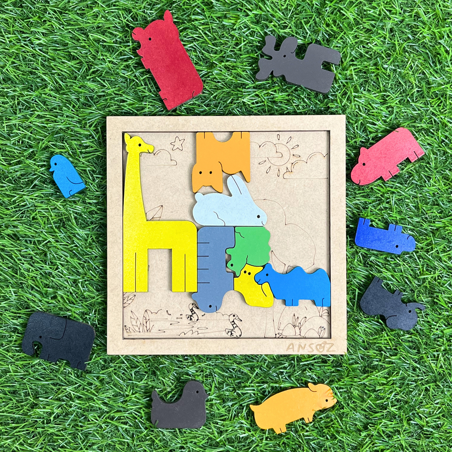 Jungle Animals Tetris Wooden Puzzle Board: