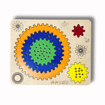 A wooden Ansoz DIY geometric puzzle board featuring colorful interlocking gear shapes in green, blue, orange, and yellow on a light wood background with engraved symbols.