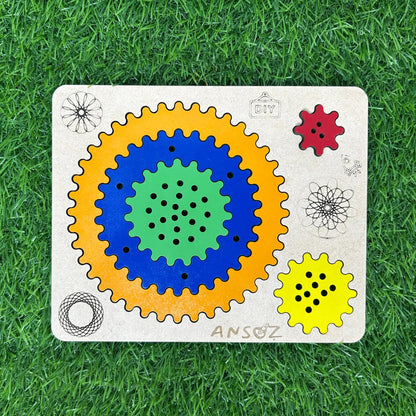 A wooden Ansoz gear puzzle toy for children, featuring concentric colored gears (yellow, blue, green) and smaller red and yellow gears on a light wood base, placed on a green grass background.