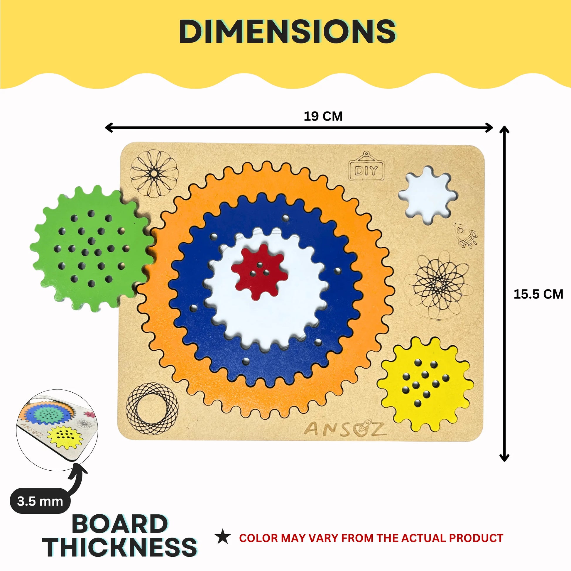 A product dimension diagram for a wooden gear puzzle board. The image shows the puzzle board with several colorful interlocking gears (green, orange, blue, white, red, yellow) on a natural wood base, with arrows indicating dimensions of 19 cm width, 15.