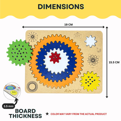 A product dimension diagram for a wooden gear puzzle board. The image shows the puzzle board with several colorful interlocking gears (green, orange, blue, white, red, yellow) on a natural wood base, with arrows indicating dimensions of 19 cm width, 15.