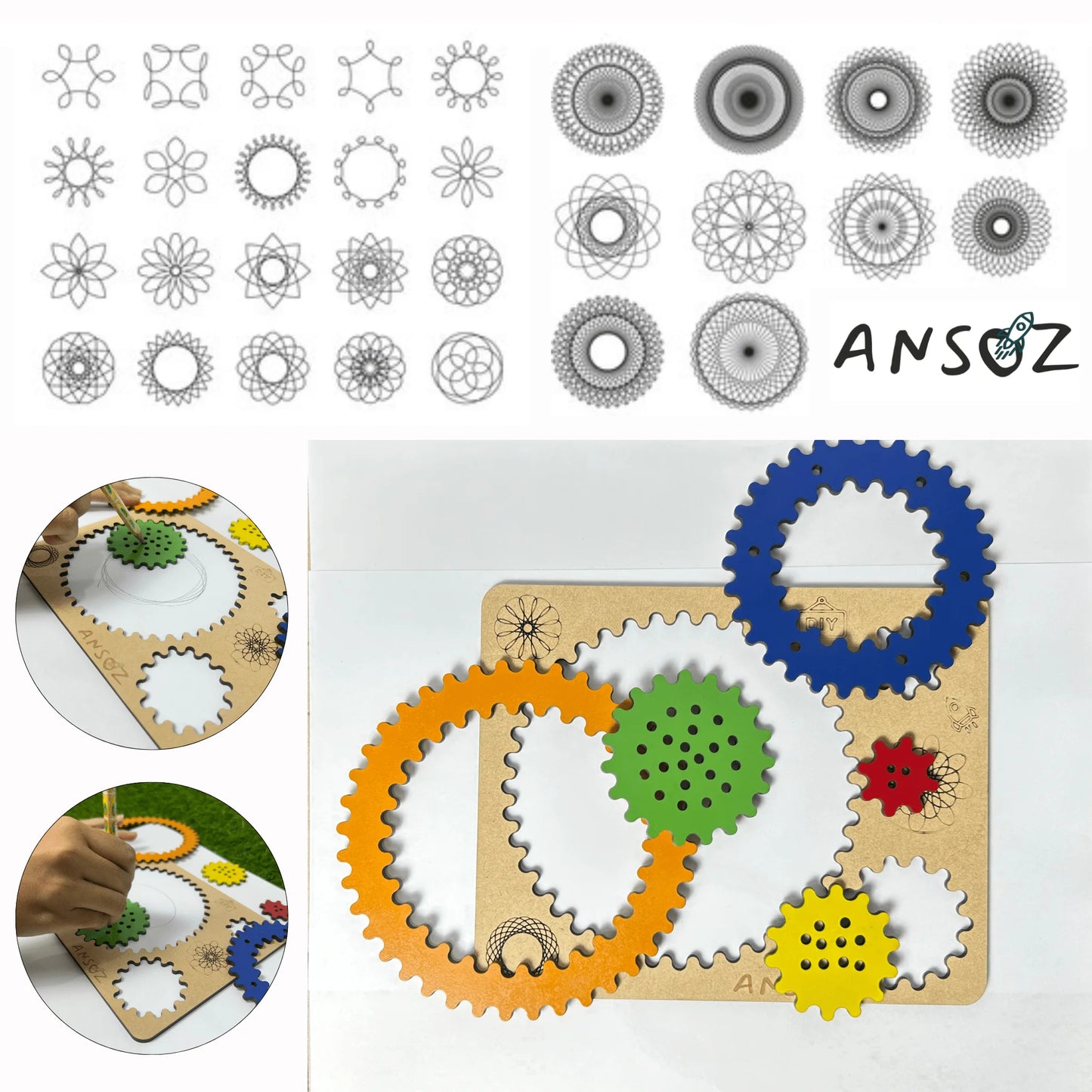 ANSOZ wooden geometric puzzle board with colorful interlocking gear-like rings and circular templates, shown alongside black-and-white pattern examples and two inset photos demonstrating use.