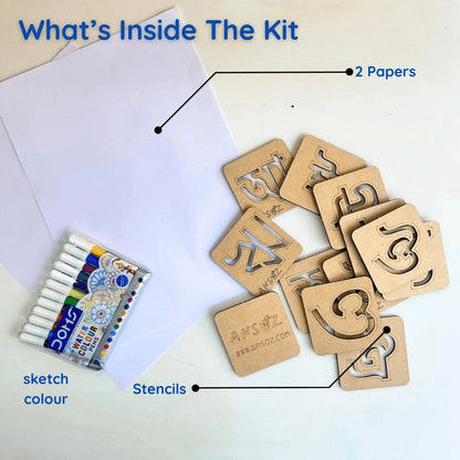 Assamese Alphabet Stencil Kit contents including reusable wooden alphabet stencils, sketch pens, and drawing sheets for kids' language learning and handwriting practice.