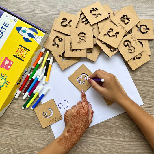 Kid tracing consonant letters using montessori-style stencil toy