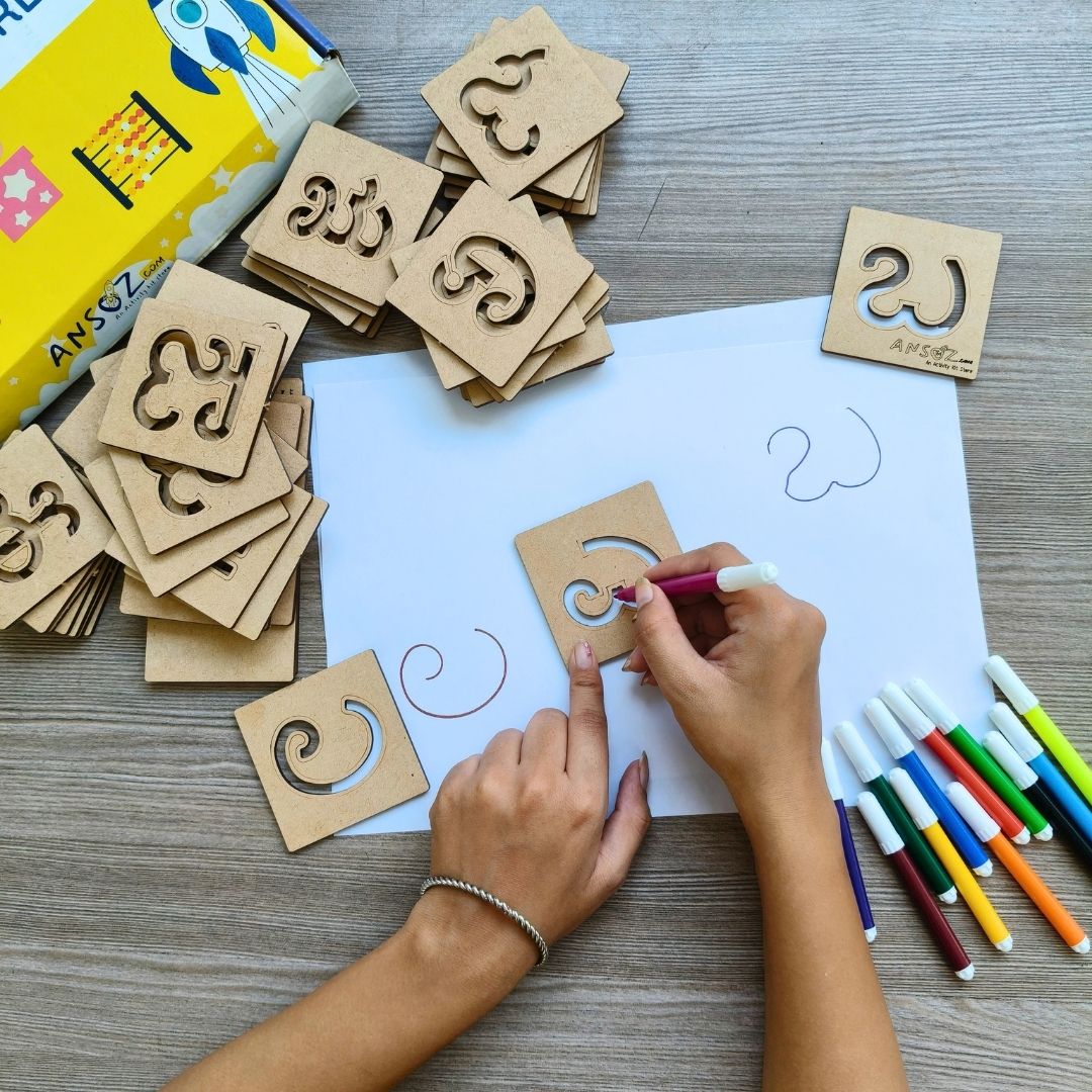 Kannada alphabet stencil combo for kids, showing hands tracing Kannada letters for writing practice.