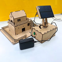 Solar mobile charger and sun tracker DIY electronic kit showing solar panel, switch, phone stand, house model and adaptor components.