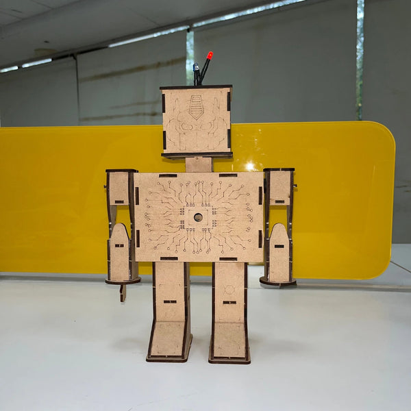 Robot working model with red LED, wooden science toy kit.