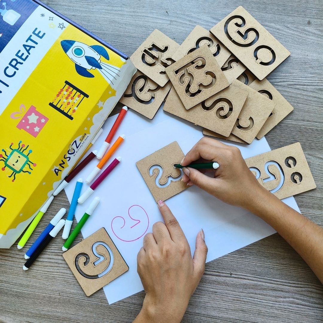 Child practising Kannada swaragalu with wooden vowel stencils.