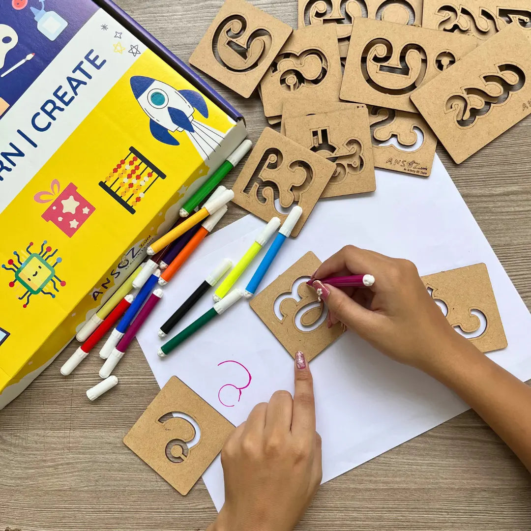 Kid using Telugu alphabet stencils for handwriting practice activity