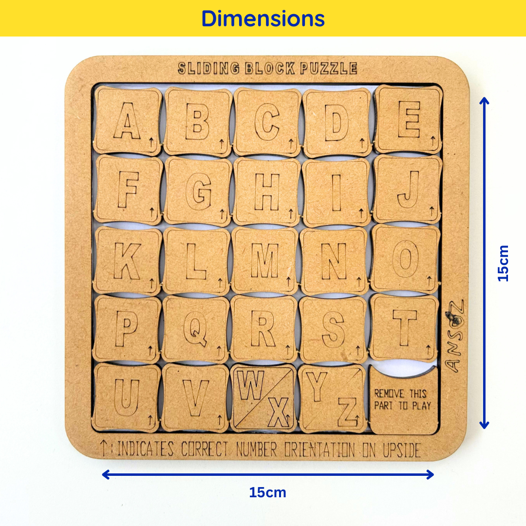 15 x 15 cm Wooden Alphabet Puzzle Block Letter Board Game for sliding puzzle games and teaching children alphabets.