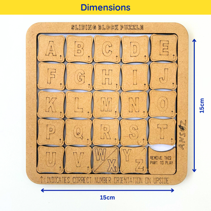 15 x 15 cm Wooden Alphabet Puzzle Block Letter Board Game for sliding puzzle games and teaching children alphabets.