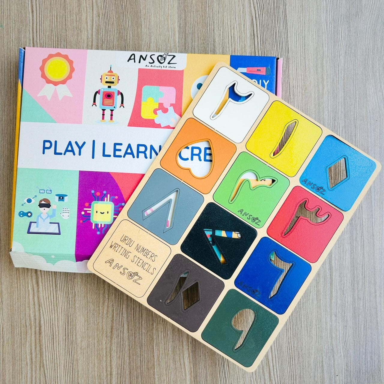 
Urdu Numbers Wooden Stencil Board learning kit with box packaging
