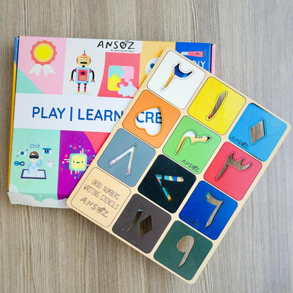 
Urdu Numbers Wooden Stencil Board learning kit with box packaging
