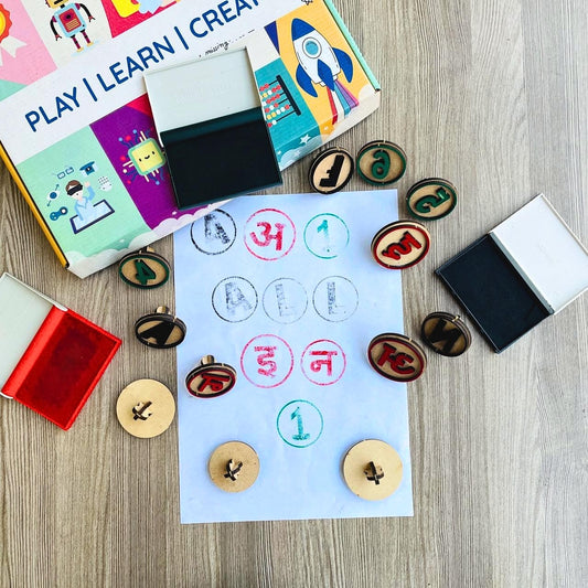 combo stamp set with english alphabet hindi letters and number stamps with ink pads 