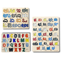 Three wooden educational toys for Telugu children shown on a white background: two rectangular alphabet boards with colorful letters and one square board with Telugu script characters.
