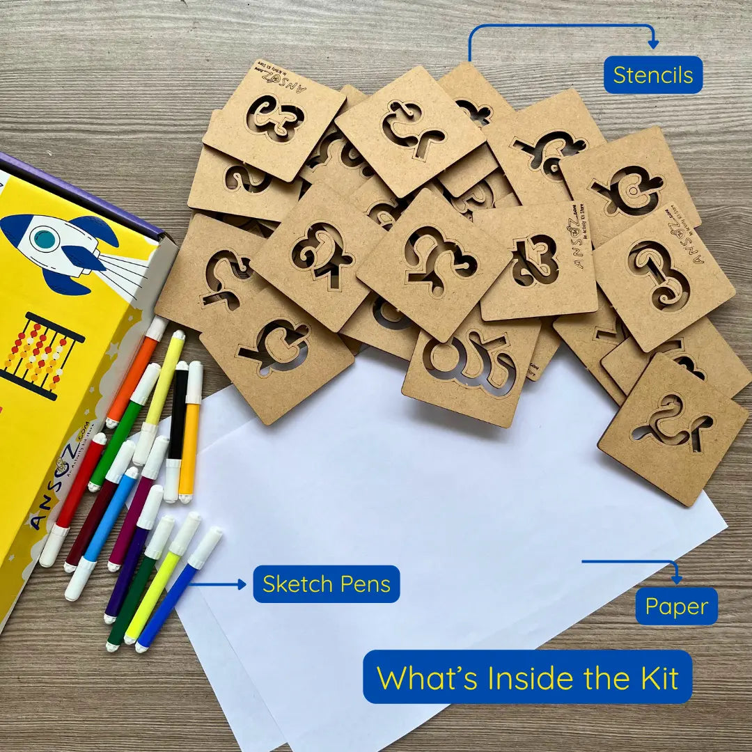 Telugu consonant stencil kit with sketch pens and paper