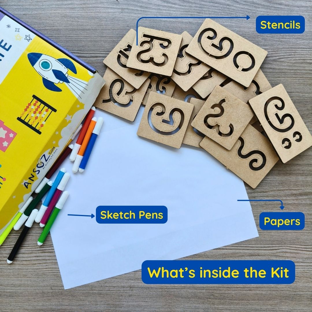 Kannada vowel stencil kit with wooden alphabet, sketch pens and paper.