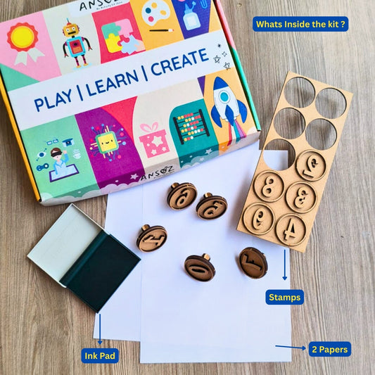 Number stamp kit with stamps, ink pad and paper shown together 