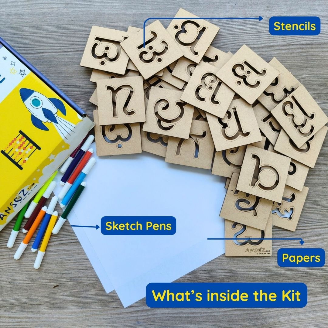 Kannada Vyanjana stencils with sketch pens and papers for Kannada Varnamala writing practice.