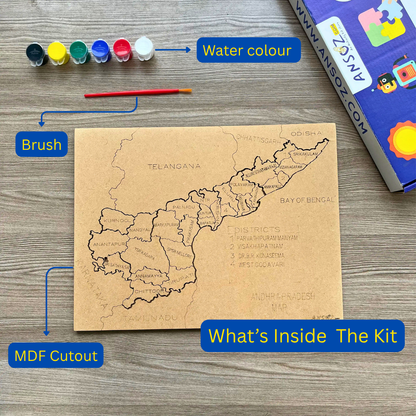 Andhra Pradesh map puzzle set with paint, brush and wooden cutout for kids to learn and play.