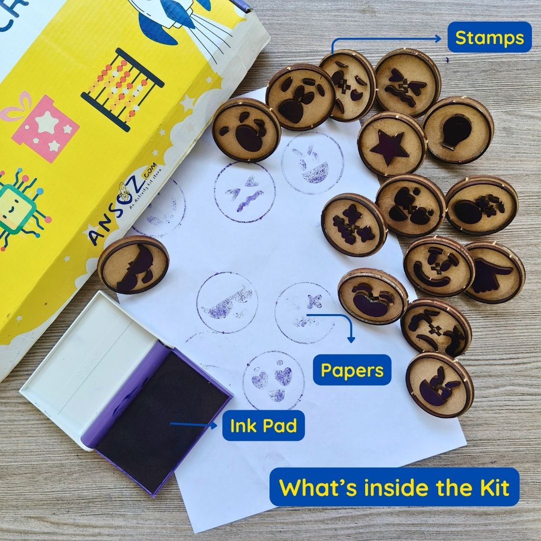 Emoji stamp set for kids with cute emoji stamps, ink pad, and papers for fun craft activities.