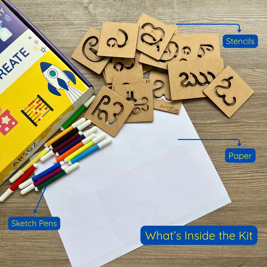 Kids learning kit with alphabet stencils, sketch pens and paper