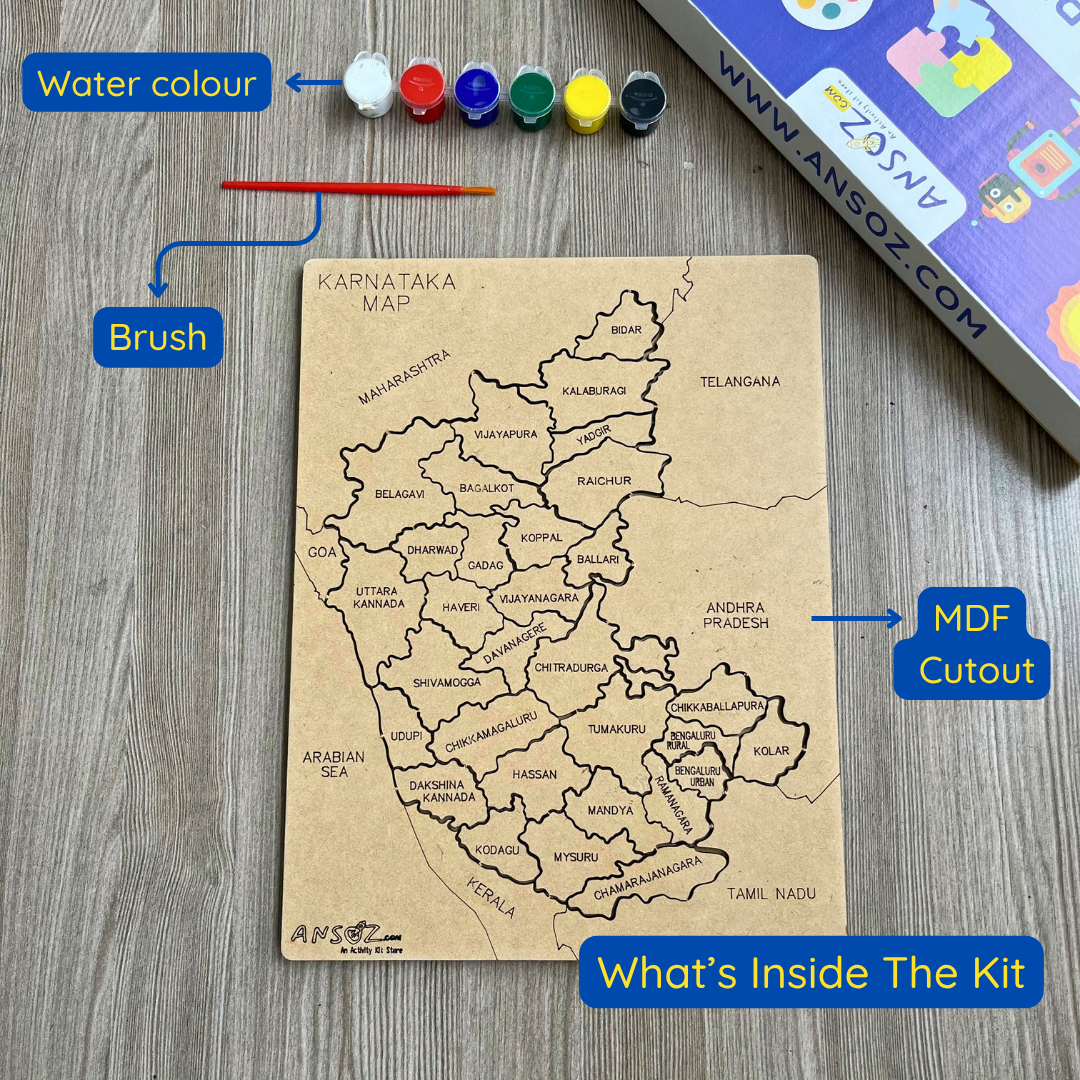 Karnataka state map wooden puzzle kit with MDF cutout board, water colours and brush