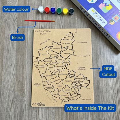 Karnataka state map wooden puzzle kit with MDF cutout board, water colours and brush