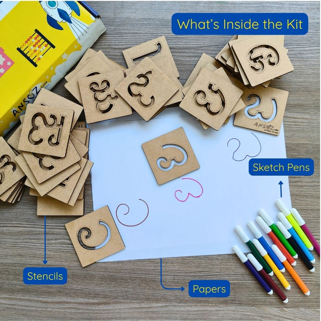 Kannada alphabet learning kit with letter tracing stencils, practice papers and sketch pens.