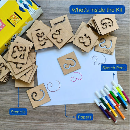 Kannada alphabet learning kit with letter tracing stencils, practice papers and sketch pens.