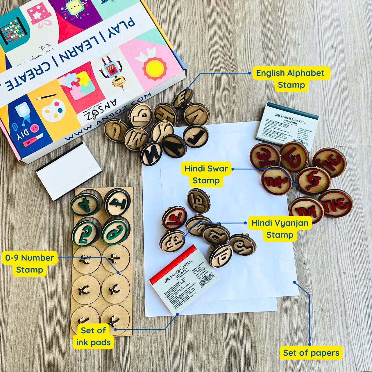 stamp kit showing english alphabet hindi swar vyanjan and number stamps with accessories 