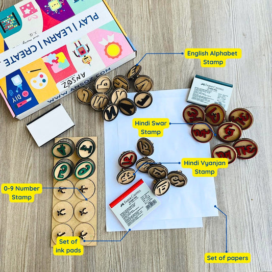 stamp kit showing english alphabet hindi swar vyanjan and number stamps with accessories 
