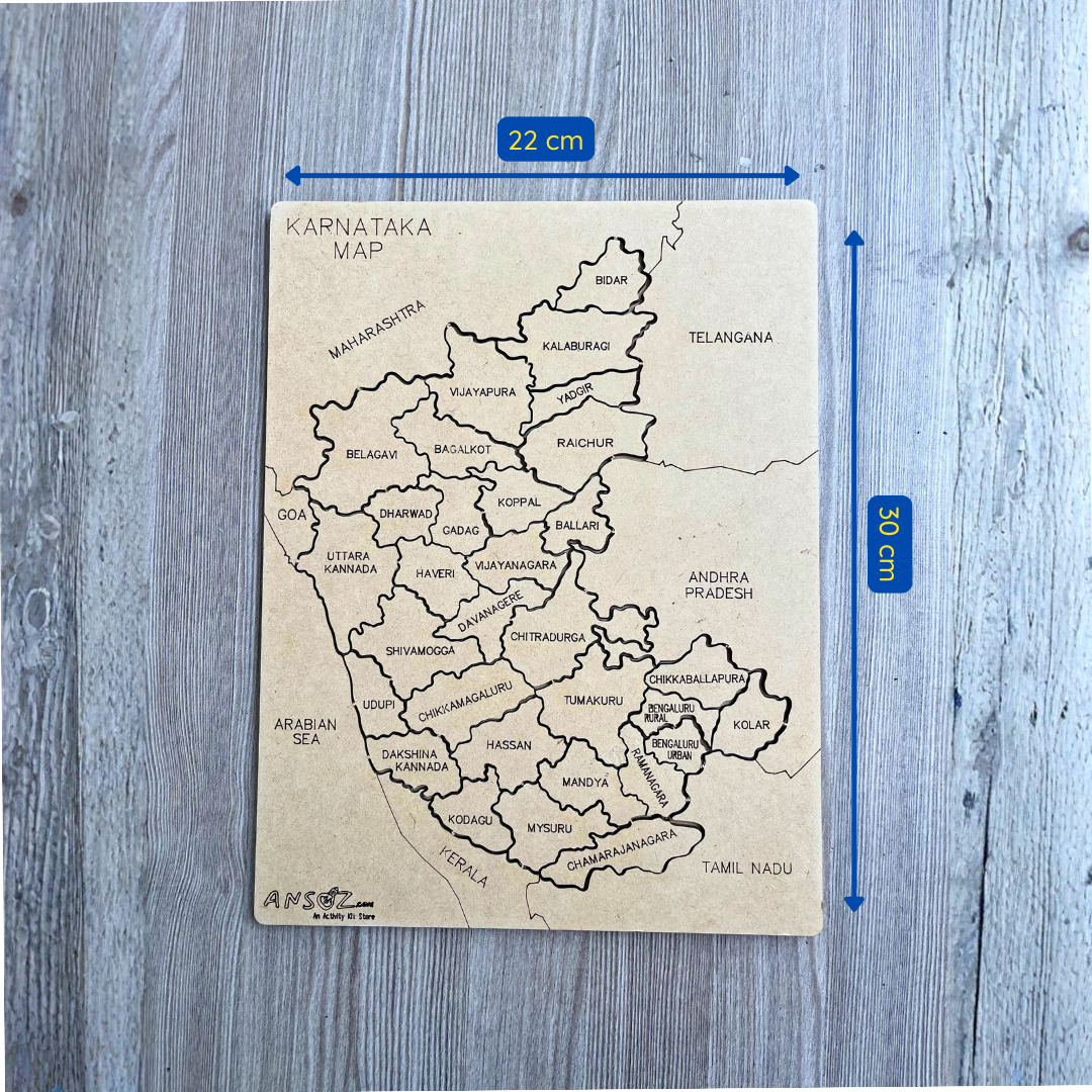Wooden puzzle map showing Karnataka districts, 22 cm by 30 cm board size